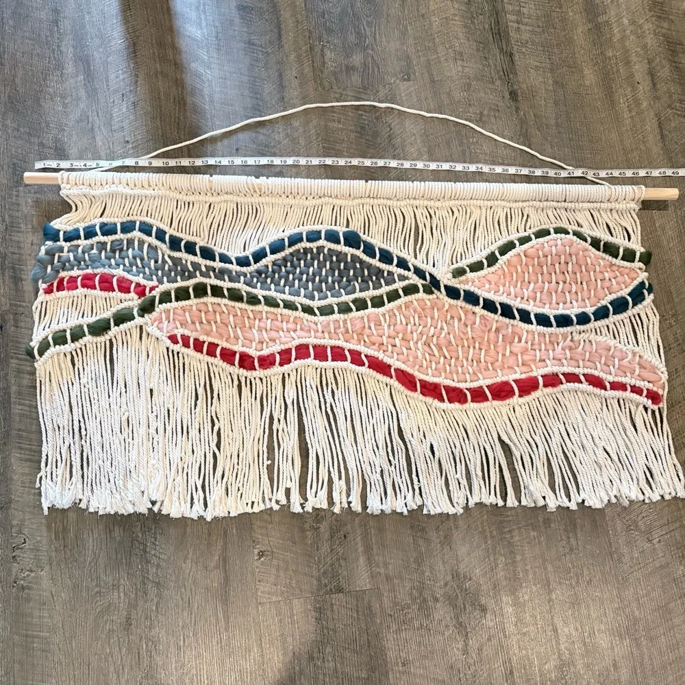 Handmade Cream Macramé Wall Hanging with Pink, Navy, Olive & Red Accents